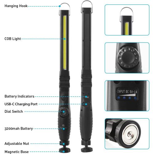 Dr. Prepare LED Work Light, 700 Lumens Foldable Rechargeable Work Light, 3200mAh Cordless Portable Magnetic COB LED Inspection Light for Car Repair, Home, Garage, Emergency