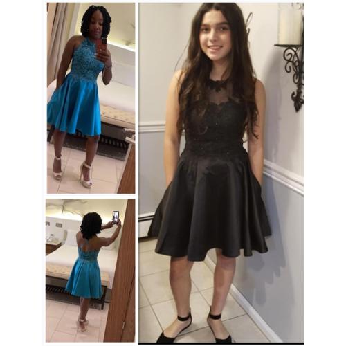 Size 17W Color Grey Satin Lace-Applique Homecoming Dresses Short with Pockets Halter Cocktail Dresses