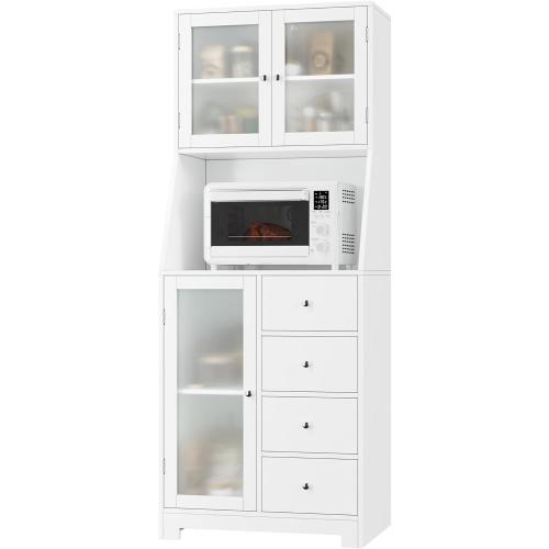 Color White  Size 64.2H Kitchen Pantry with Microwave Shelf, Cabinets and 4 Drawers, White