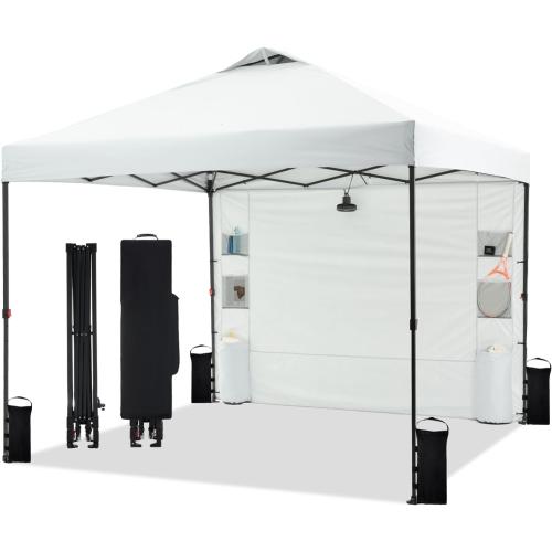 10'x10' Pop Up Canopy Tent with 1 Sidewall and 6 Pockets, One Push Setup, Instant Shade Tent with Vented Roof for Beach Patio Outdoor, Case, 8 Stakes, 4 Ropes, 4 Sandbags (White)