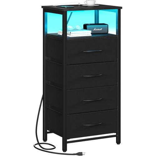 Yoobure Night Stand - Small Dresser for Bedroom, LED Black Nightstand with Charging Station, Bedside Table with 4 Fabric Drawers and Open Shelf, Vertical Dressers with USB Ports and Outlets may have missing accessories