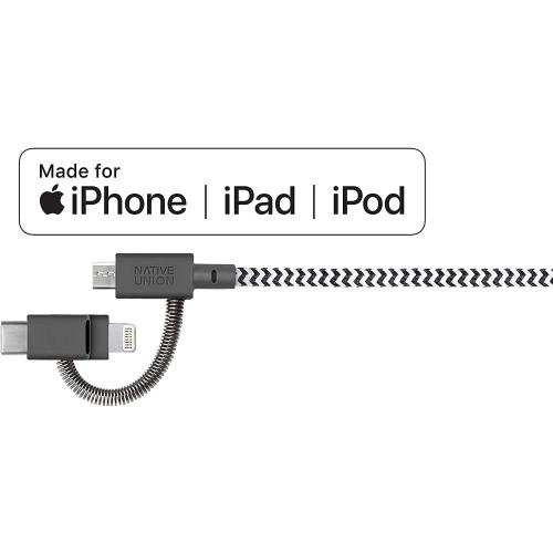 Native Union Belt Cable Universal - 6.5ft Ultra-Strong Reinforced [MFi Certified] Durable Charging Cable with 3-in-1 Adaptor for Lightning, USB-C and Micro-USB Devices (Zebra)