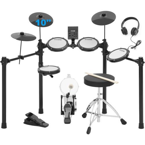 Electric Drum Set with Kick Hammer Pedal, Electronic Drum Kit for Kids Adult Beginner with 150 Sounds, 10 Cymbals, 4 Quiet Mesh Pads, all-in-one drum set with Throne, Headphones, Sticks