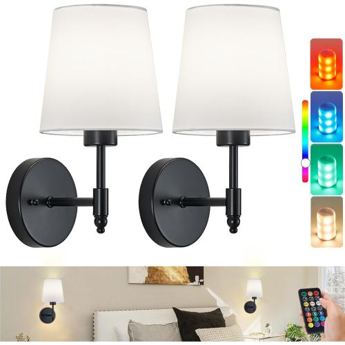 Rechargeable Wall Sconces Set of 2, Black Cordless Battery Operated Sconce with Dimmable LED Bulb and Remote, 13 Colors Wall Lights for Bedroom Living Room Hallway