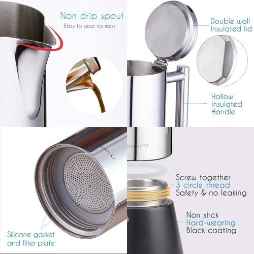 Easyworkz Diego Stovetop Espresso Maker Stainless Steel Italian Coffee Machine Maker 12Cup 17.5 oz Induction Moka Pot