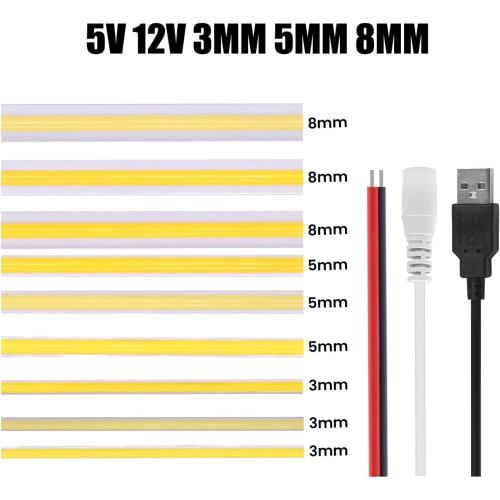 USB COB LED Strip 3mm 5mm 8mm Width 12V 320LEDs Flexible LED Strip Light with Adhesive High Density Linear Lighting(Natural White,5V 3MM DC Wire_2M)