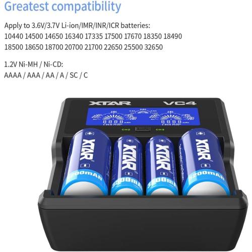XTAR VC4 Universal Battery Charger - LCD Display, 4 Slots for 18650 Batteries