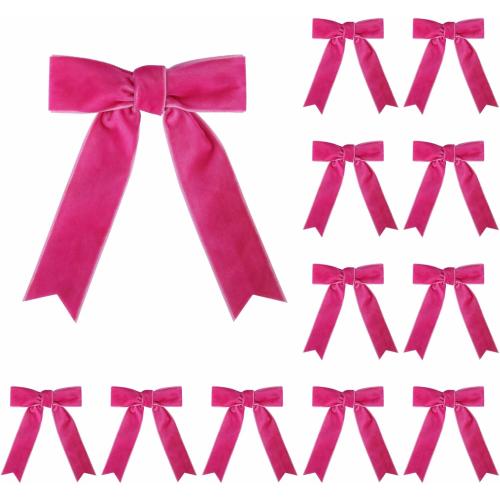 Meseey 12 Pcs Hot Pink Velvet Bows with Twist Tie 3.5 Inch Pre-Tied Vintage Christmas Velvet Ribbon Bows for Treat Bags Gift Wrapping Basket Wedding Baby Shower Brithday Party