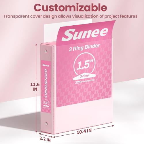 SUNEE 3 Ring Binder 1.5 Inch 1 Pack, Clear View Binder Three Ring PVC-Free (Fit 8.5x11 Inches) for School or Office Supplies, Pink