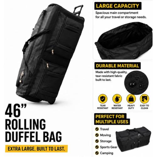 46-inch Rolling Duffle Bag with Wheels, XL Duffle Bag With Rollers, Heavy Duty Oversized Storage Bag