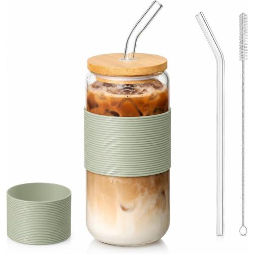 Glass Cup with Lid and Straw, Iced Coffee Cup with Bamboo Lid, 16 oz Reusable Glass Tumbler with Sage Avocado Green Silicone Sleeve for Matcha Latte, Cold Brew and Milk Tea