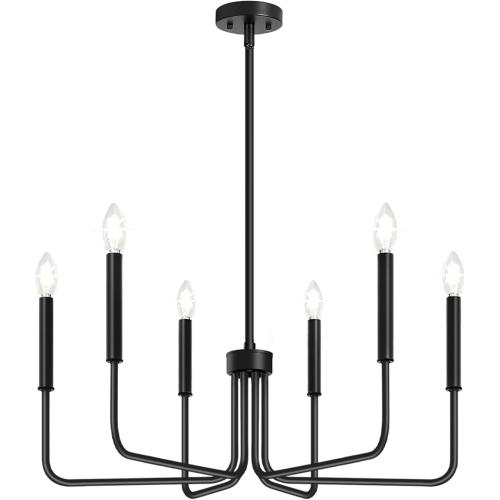 Black Chandelier, 6-Light Farmhouse Chandelier for Dining Room Lighting Fixtures Hanging, Dining Light Fixtures Industrial Modern Chandelier for Bedroom, Foyer, Hall, Kitchen, Living Room and Entryway