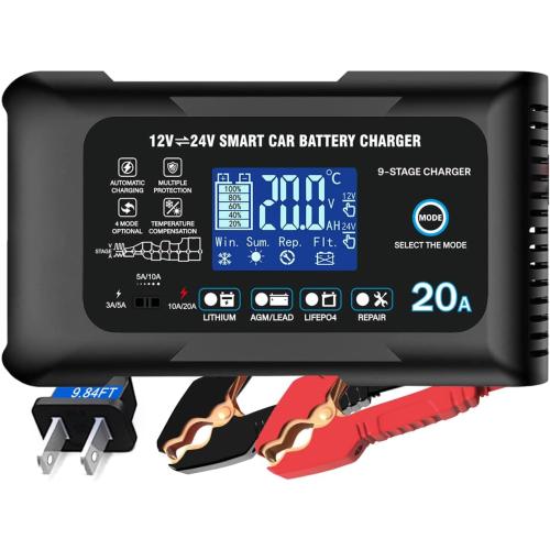 Battery Charger 0-20A 12V/24V Lithium LiFePO4 Lead Acid Fully Automatic Maintainer, Smart Car Battery Charger,Trickle Charger w/Pulse Repair for Trucks,Boats,Motorcycles,Deep Cycle Batteries