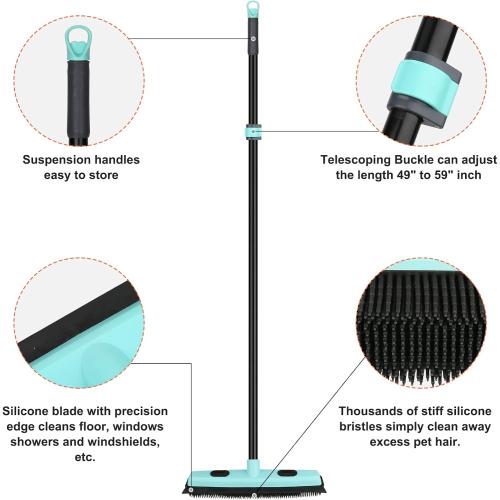 Rubber Broom Carpet Rake for Pet Hair Removal, Fur Remover Broom with 59 Telescoping Long Handle, Pet Hair Broom with Squeegee for Carpet, Hardwood Floor, Tile