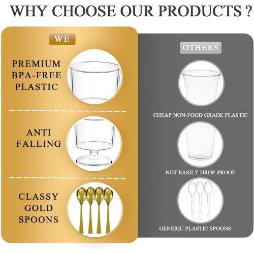 DI QIU REN Dessert Cups with Golden Spoon, Plastic Dessert Parfait Cup Clear Appetizer Pudding Cup, Round Serving Goblet Cups Shot Glasse