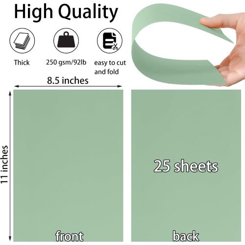 25 Sheets Sage Green Cardstock Paper 8.5'' x 11'', 250gsm/92lb Thick Paper for Scrapbook, Invitations, Printing and DIY Cards