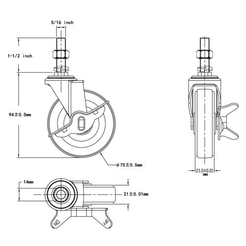 Set of 4 Size 3 inch Finnhomy Caster Wheels 3 Inch Set of 4 Heavy Duty Threaded Stem Casters 5/16-18x1-1/2 Swivel Rubber Industrial Castors Locking Wheels for Wire Shelving/Furniture/Carts Load Bearing 720 Lbs Gray