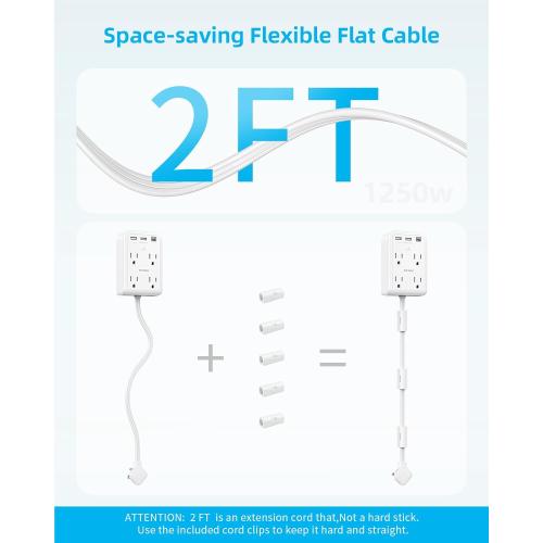Short Power Strip 2FT - Flat Wall Extension Cord with 4AC Outlet and 3 USB Ports(1 Type C), Multi Plug Outlet Extender Small Surge Protector for Home Office Dorm, White