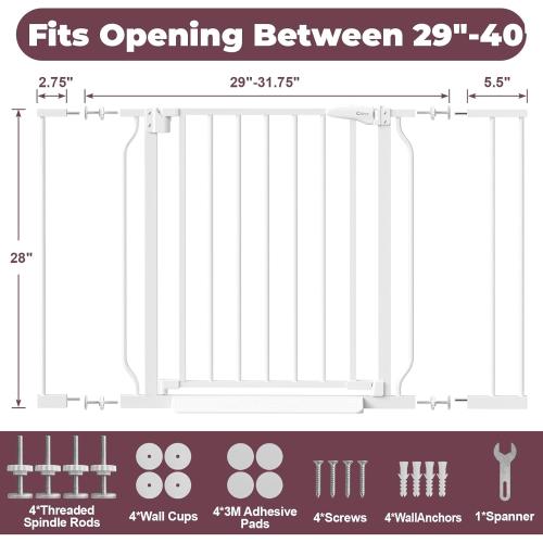 Cideny Baby Gate No Drilling, 29-40 Auto Close Dog Gate Indoor for Doorways & Stairs, Pressure Mounted Adjustable Pet Gate, Easy Walk Through Child Gate for Children & Pets Stroller Friendly, White