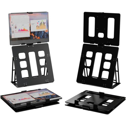 HNL Portable Monitor Stand, iPad & Tablet Holder, clamp Retention, Foldable, mountable Small Desk, Supports 7.75 inch to 10.75 inch Screen Width, Travel with Laptop, Black