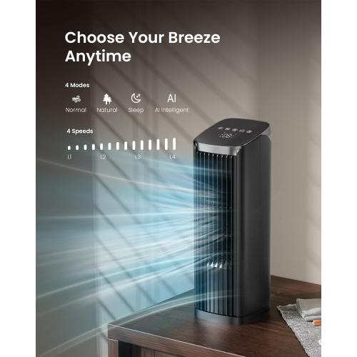 PNTCK Fan for Bedroom, 13.2 Tower Fan with Remote, 4 Modes 4 Speeds Max 24ft/s, 70° Oscillating Desk Fan, 12H Timer Portable Fans, Cooling Fans for Office, Home Black