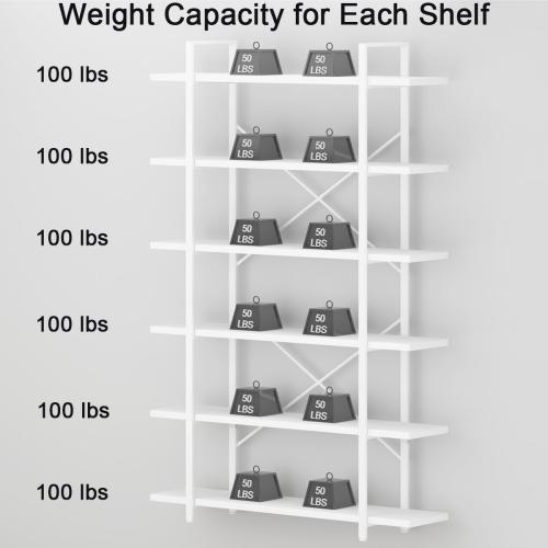 6 Tier Tall White Bookshelf, Industrial Modern Vertical Metal and Wood White Bookcases 6 Shelf,Farmhouse Open Large Storage Book Shelves & Display Book Shelf for Bedroom Living Room Office