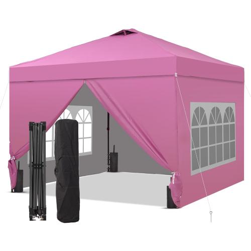 GDY 10x10 Pop Up Canopy Tent with 4 Sidewalls, Easy Set up with One Push Lift Outdoor Silver Coated Beach Gazebos, Carpas with 4 Sandbags, for Outdoor, Parties,Camping, Pink.