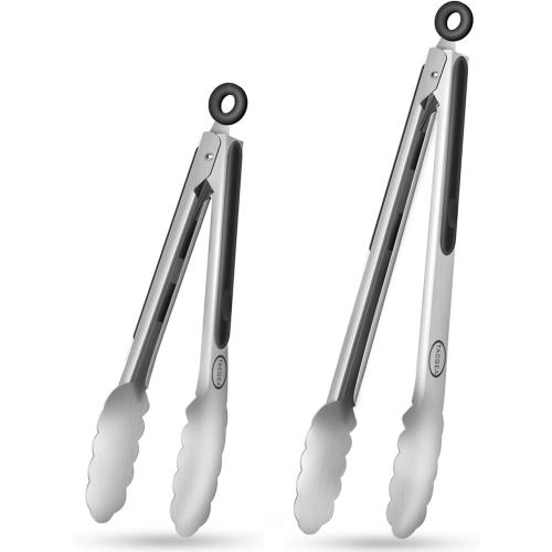 TACGEA Stainless Steel Kitchen Tongs, Silicone Non-slip Grip, Locking Grilling Food Tongs Set of 2, 9-inch & 12-inch