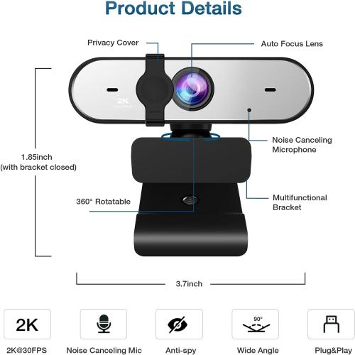 2K Webcam, Full HD Webcam for PC, Web Camera with Microphone, Tripod, Auto-Focus, Privacy Cover, USB, for Live Streaming & Video Conferencing