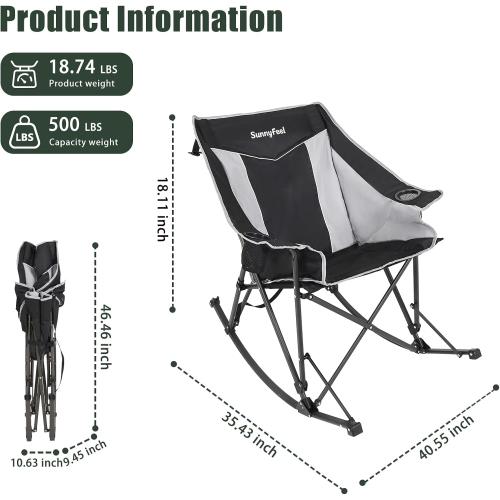 SUNNYFEEL Oversized Folding Rocking Camping Chair Fully Padded Patio Chair Black Portable Outdoor Rocker High Back Portable Lawn Recliner with Side Pocket Camp Rocker Chairs Heavy Duty 500 LBS