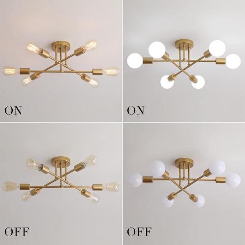 Gold Modern Sputnik Chandelier Ceiling Light Fixtures,6-Lights Industrial Metal Semi Flush Mount Ceiling Light for Bedroom Dining Room Living Room Kitchen Hallway UL Listed