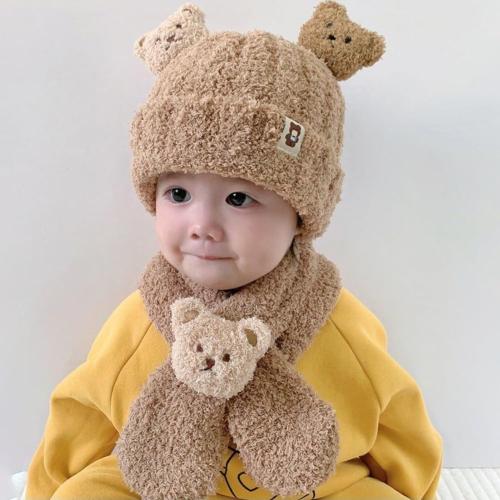 Kids Toddlers Winter Warm Cartoon Plush Hat with Scarf Hoodie Earflap Hat 2 in 1 Set Scarf Shawl Wraps Mittens (Khaki)