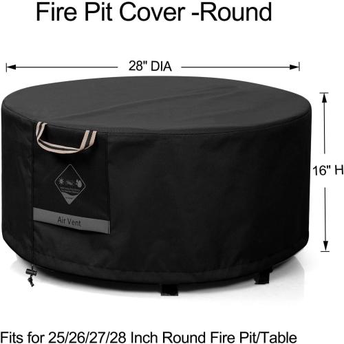 QH.HOME Fire Pit Cover Round Super Waterproof, 28 D X 16 H Outdoor Round Firepit Cover 600D Strong Tear Resistant, UPF 50  Fire Pit Covers Premium Fading Resistant for Outdoor Fire Pit - Black