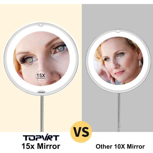 Flexible 15X Magnifying Suction Mirror - Dimmable LED Vanity Mirror, Power Suction Cup, Portable for Home Bathroom - Ideal for Detailed Makeup Eyeshadow Eyeliner (Large)