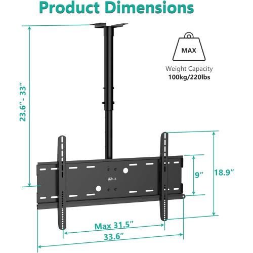 WALI Ceiling TV Mount for 42-90 inch, Hanging Adjustable TV Ceiling Mount Bracket Fits Most LED, LCD, OLED 4K TVs, Holds up to 220lbs, Max Mounting Holes 800x400mm (CM4290), Black
