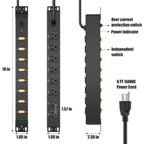 HHSOET 1U Rack Mount Surge Protection, 8 Outlet PDU Power Strip, Metal Mountable Outlet Strip with Switch,1200J, 6ft Power Cord.