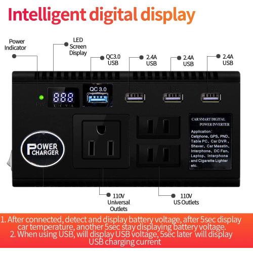 Car Power Inverter 120W 12V 24V DC to 110V AC 4 USB Ports Car Charger Adapter with 3 AC Outlets Dual Cigarette Lighter, Digital LED Display Quick Charging 3.0 for Phones Tablets PC Laptops (120W)