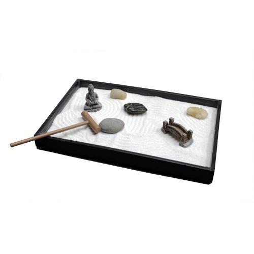 Nature's Mark Mini Zen Garden Kit for Desk with Rake, White Sand, Buddha Figure, Bridge Figure and River Rocks, Black Rectangle Base