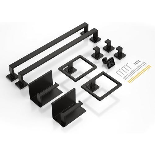 10-Piece 23.6 Inch Matte Black Bathroom Accessories Set, Bathroom Hardware Set, SUS304 Stainless Steel Bath Towel Bar Set, Toilet Paper Holder with Shelf, Towel Hooks, Towel Rings Wall Mounted