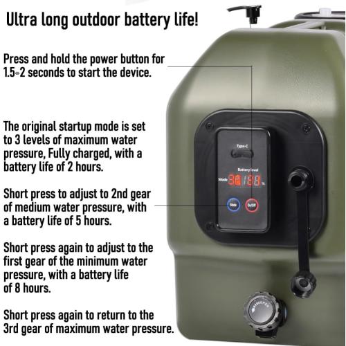 Portable Camp Shower 5-Gallon 8 Hours Battery Life Cordless Electric Rechargeable Food-Grade Water Tank for Camping Pressure Washer for Garden & Pet Cleaning