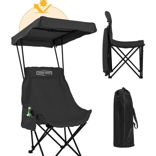 YOUNG WOOD Portable Camping Chair Beach Chair with Shade Canopy, Fold Lightweight Oversized for All, Easy to Open and Close Without Installation, Side Pocket Design for All Outdoor Activities, Black