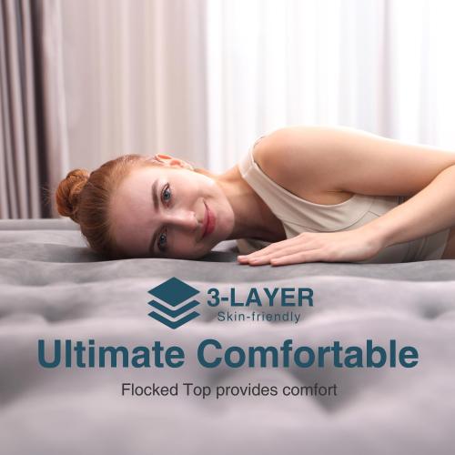 Black and Grey Air Mattress Queen with Built in Pump Inflatable Mattress with Soft Flocked Top & Carry Bag Adjustable Blow Up Mattress Portable Air Bed for Guest Indoor