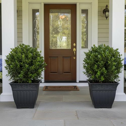 BTPLASTIK 18 inch Large Square Planter for Plants - 4 Pack Decorative Black Plastic Flower Pots with Drainage Holes & Raised Base, 14 Gallon Vintage Garden Pot for Outdoor, Patio, Porch (15 Tall)