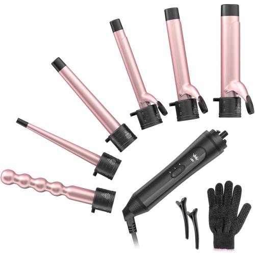 6-in-1 Curling Iron, Professional Instant Heat Up Hair Curling Wand Set with 6 Interchangeable Ceramic Barrels (0.35'' to 1.25'') and 2 Temperature Adjustments, Heat Protective Glove & 2 Clips