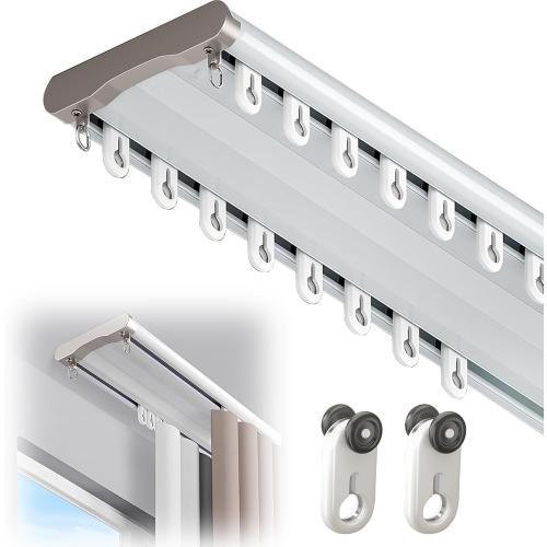 Double Curtain Track Ceiling Mount, 9.2ft (2.8m) Heavy Duty White Aluminum Alloy Curtain Rail with Nano Rollers, Blackout Drop Ceiling Track for Bedroom Window Hotel (White)