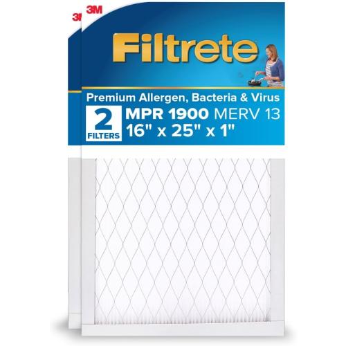 Filtrete 16x25x1 AC Furnace Air Filter, MERV 13, MPR 1900, Premium Allergen, Bacteria&Virus Filter, 3-Month Pleated 1-Inch Electrostatic Air Cleaning Filter, 2-Pack (Actual Size 15.719x24.72x0.78 in)