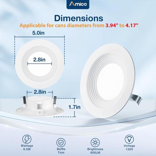 Amico 24 Pack 4 inch 5CCT LED Recessed Lighting, Dimmable, 8.5W=60W, 650LM, 2700K/3000K/4000K/5000K/6000K Selectable, Retrofit Can Lights with Baffle Trim, IC Rated - ETL & FCC, White