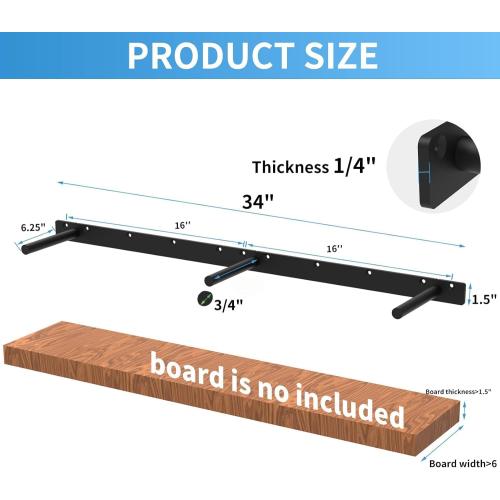 34 Inch Heavy Duty Blind Wall Mount Floating Shelf Bracket - Hidden Shelf Bracket with 150 LB Weight Capacity -3/4 Inch Solid Steel Support Rods