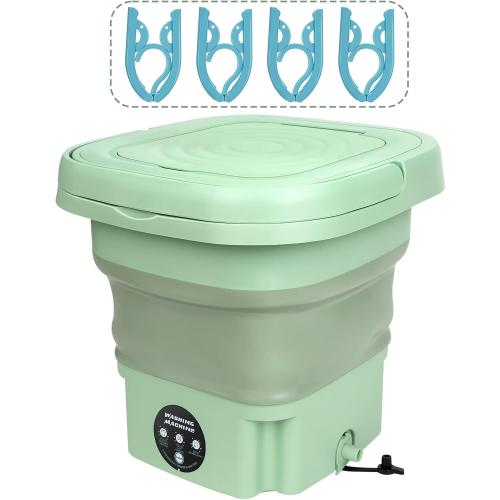 Portable Washing Machine,8L Mini Folding Bucket Washer with Drainage Pipe & 4 Clothes Clips for Socks Underwear Baby Clothes,Suitable for Apartment Camping RV Travel laundry (110V-240V) (Green)
