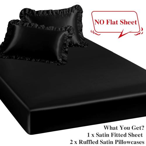 P Pothuiny 3-Piece Set Ruffle Satin Pillowcases & Twin Fitted Sheet